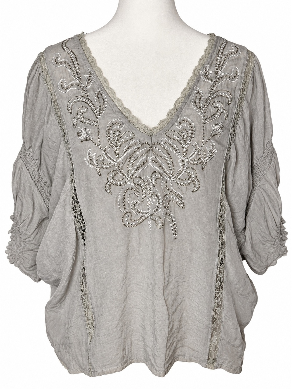 Do & Be Y2K Boho Embroidered Lace Blouse Gray Silver Romantic Peasant Top S